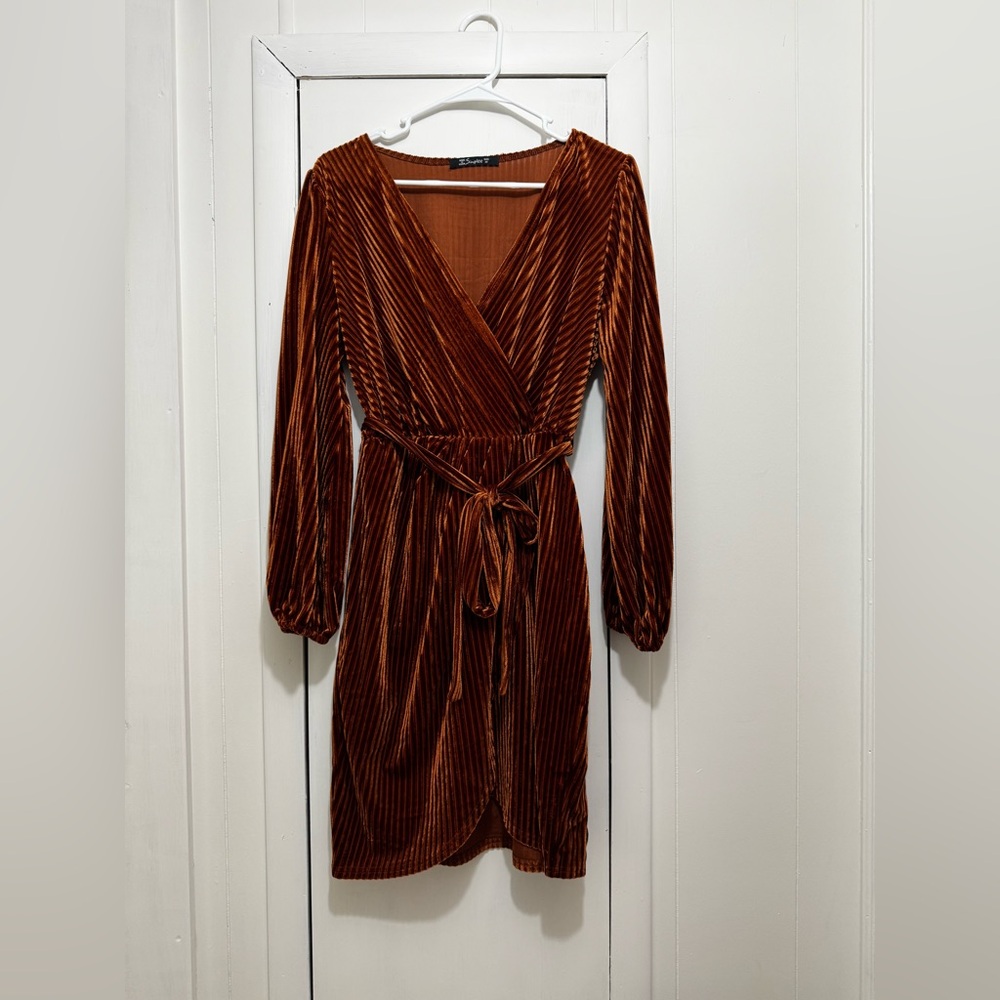 Rust Velvet Wrap Long Sleeve Dress
